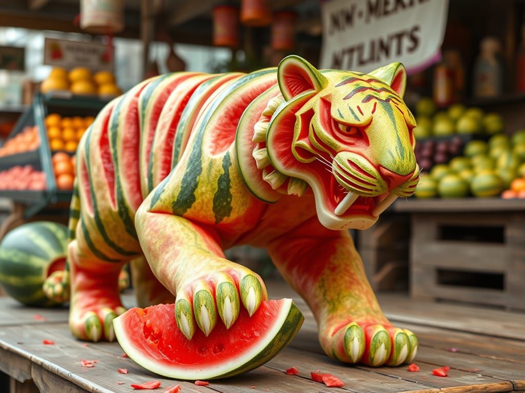 Vibrant Watermelon Tiger Food Sculpture in a Fruit Market