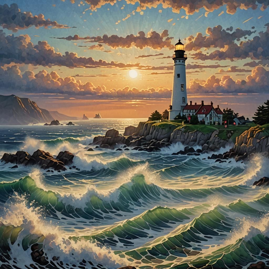 Pointillist Oceanscape Lighthouse in Expressionist Style