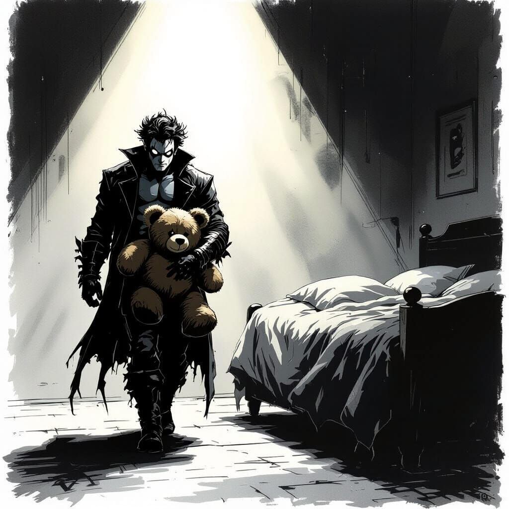 Nightcrawler With Teddy Bear, Dark Comic Art Style