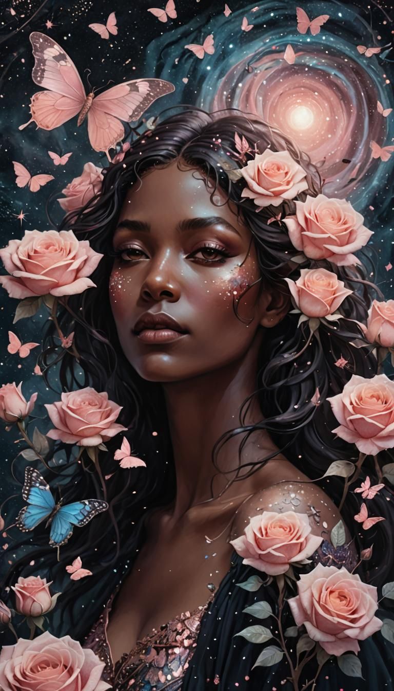 Woman Surrounded by Roses in Astral Illustration