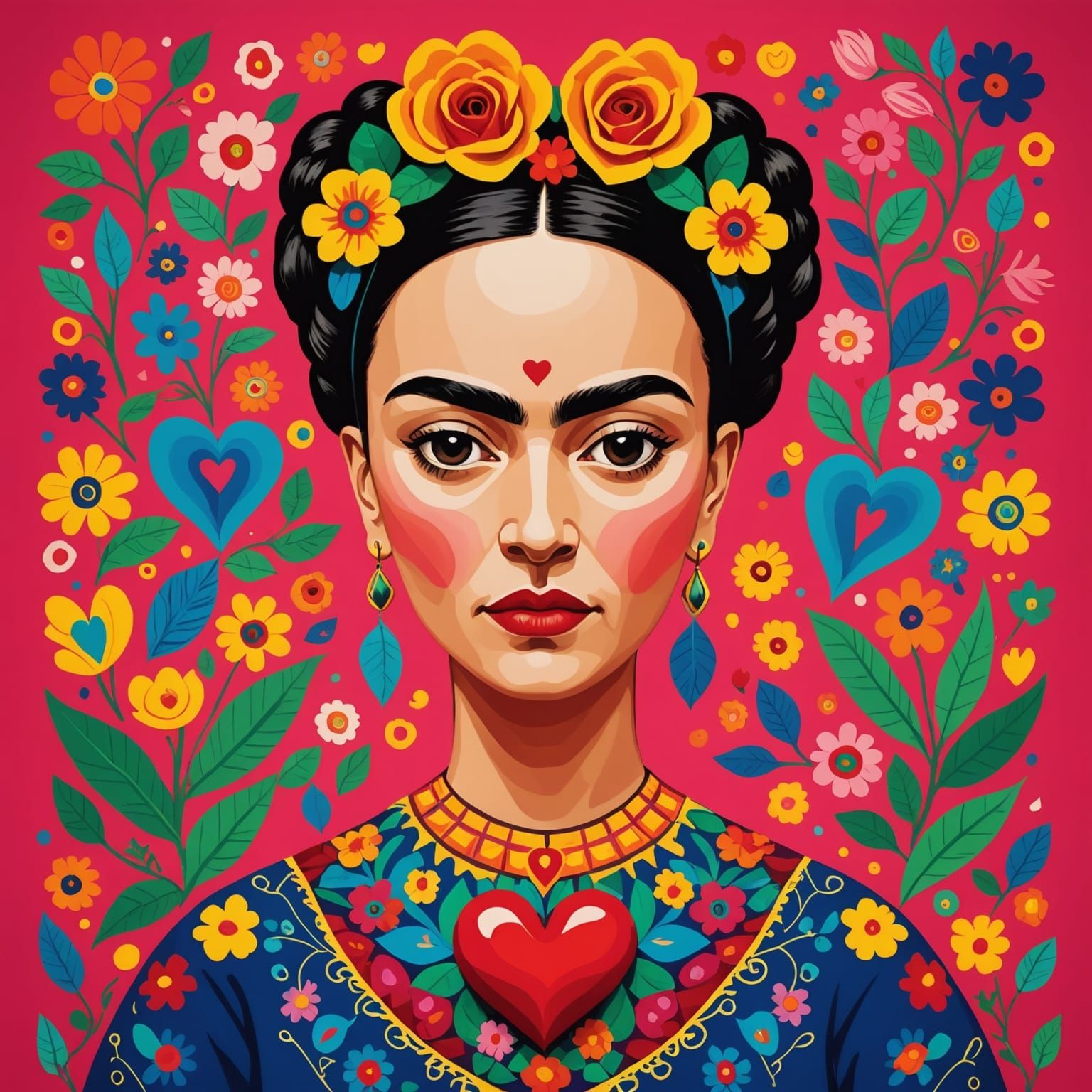 Whimsical Heart Alebrije in Frida Kahlo Style