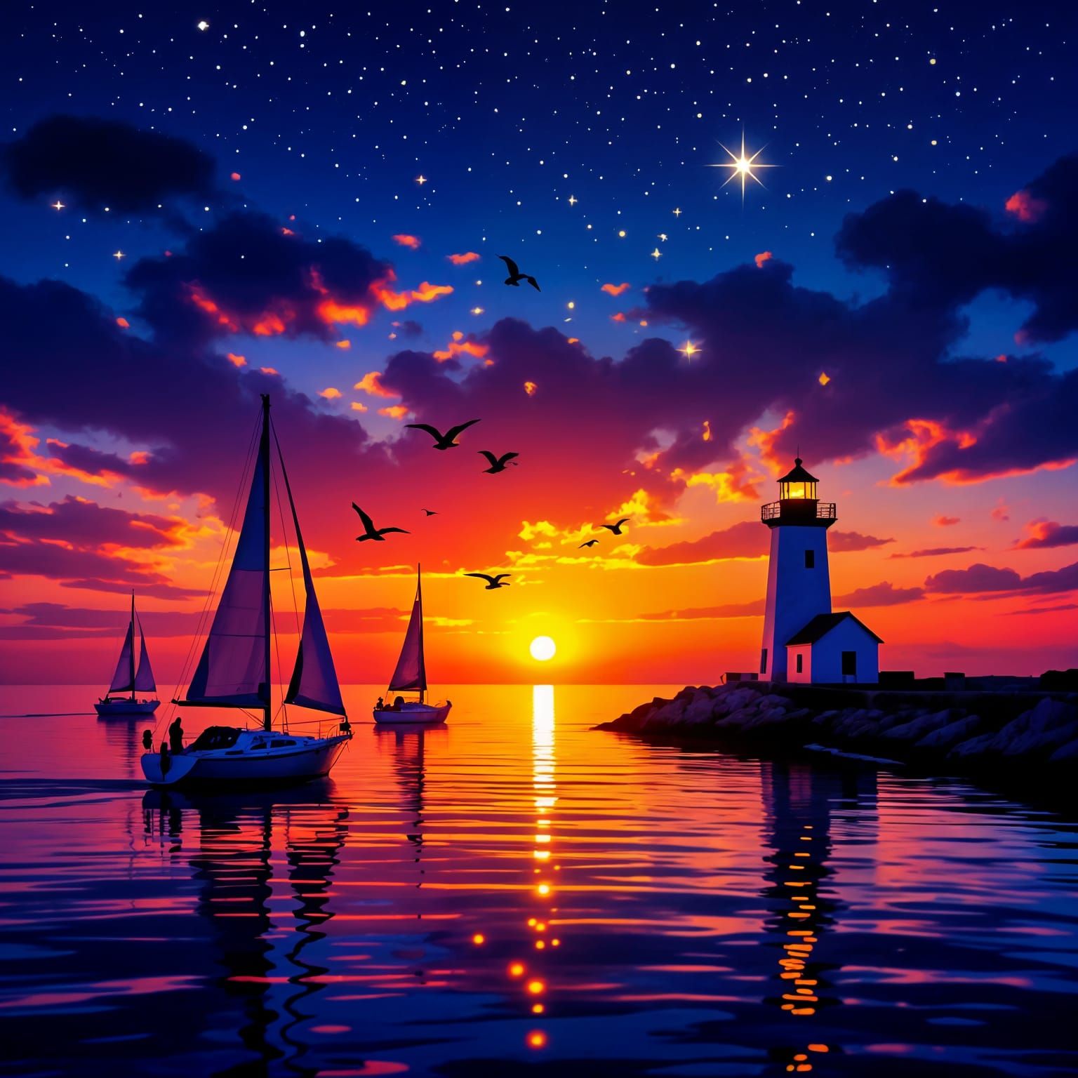 Neon Sunset Over Ocean with Lighthouse