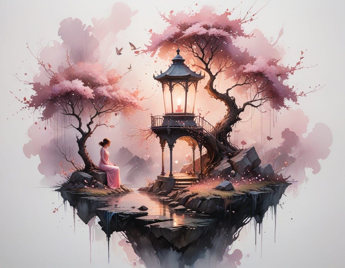 Surreal Floating Island Gazebo with Luminous Tree