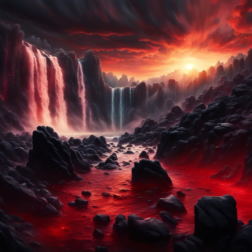 Turbulent Waterfall Cascading into Abyss: Dramatic Digital P...