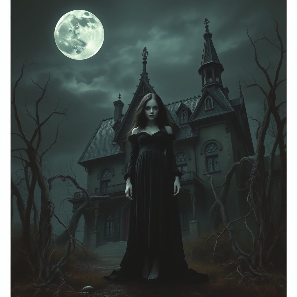 Mysterious Girl at Gothic House in Dark Night