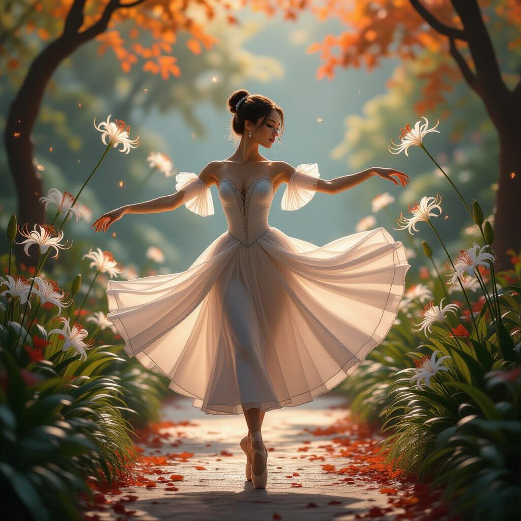 Ballet Dancer in Autumn Garden with Spider Lilies