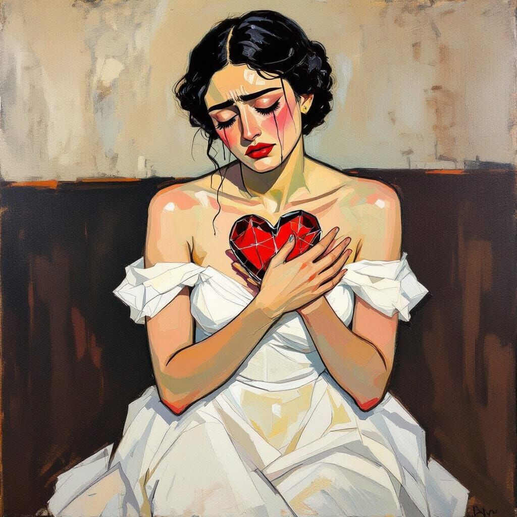Woman Holding Shattered Heart as Expressionist Painting