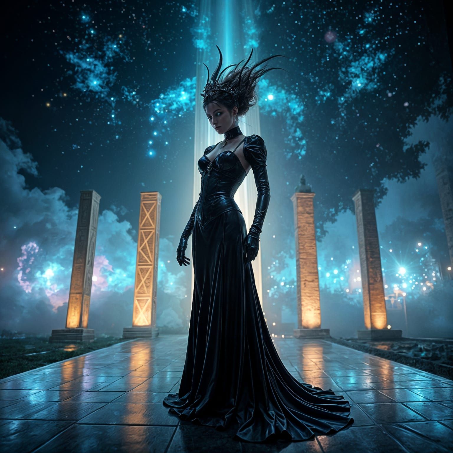 Ethereal Alien Princess with Towered Hair and Metallic Black...
