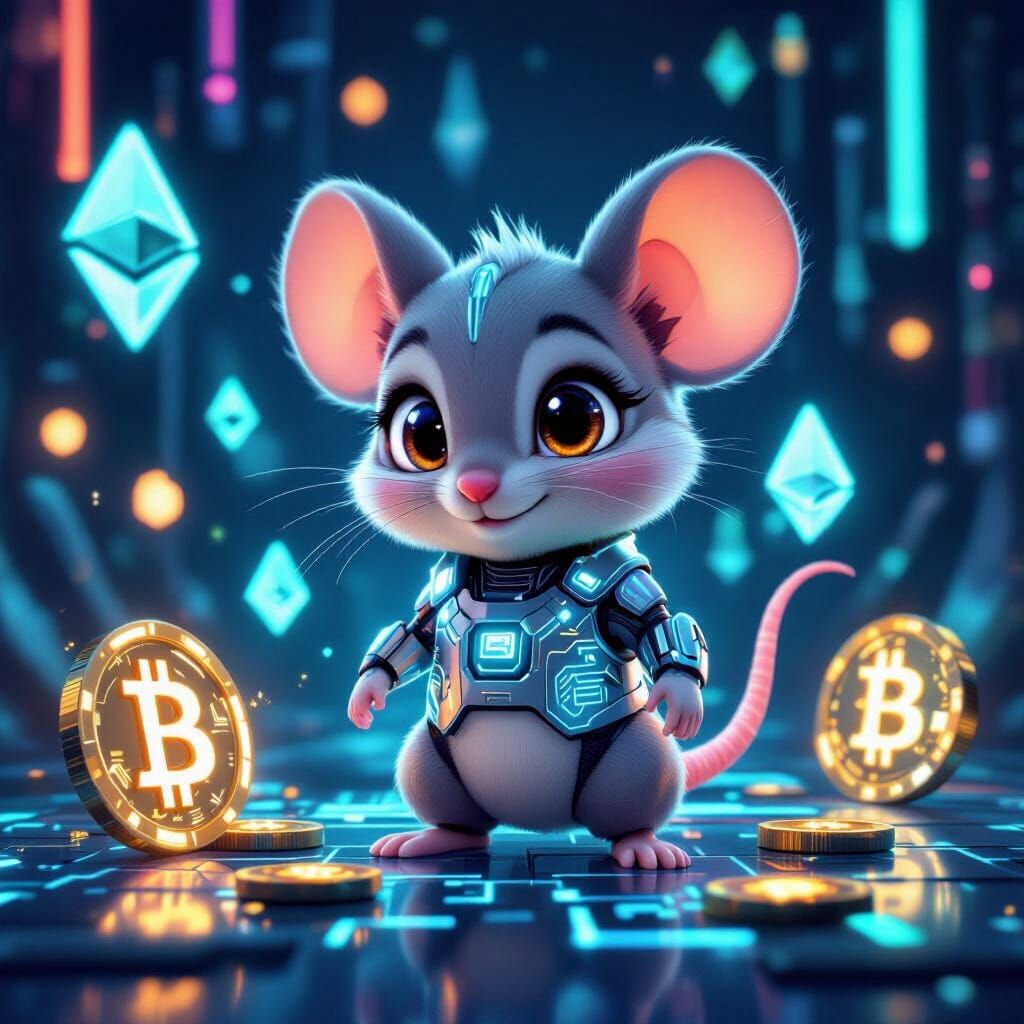 Cute Cybernetic Mouse with Crypto Symbols