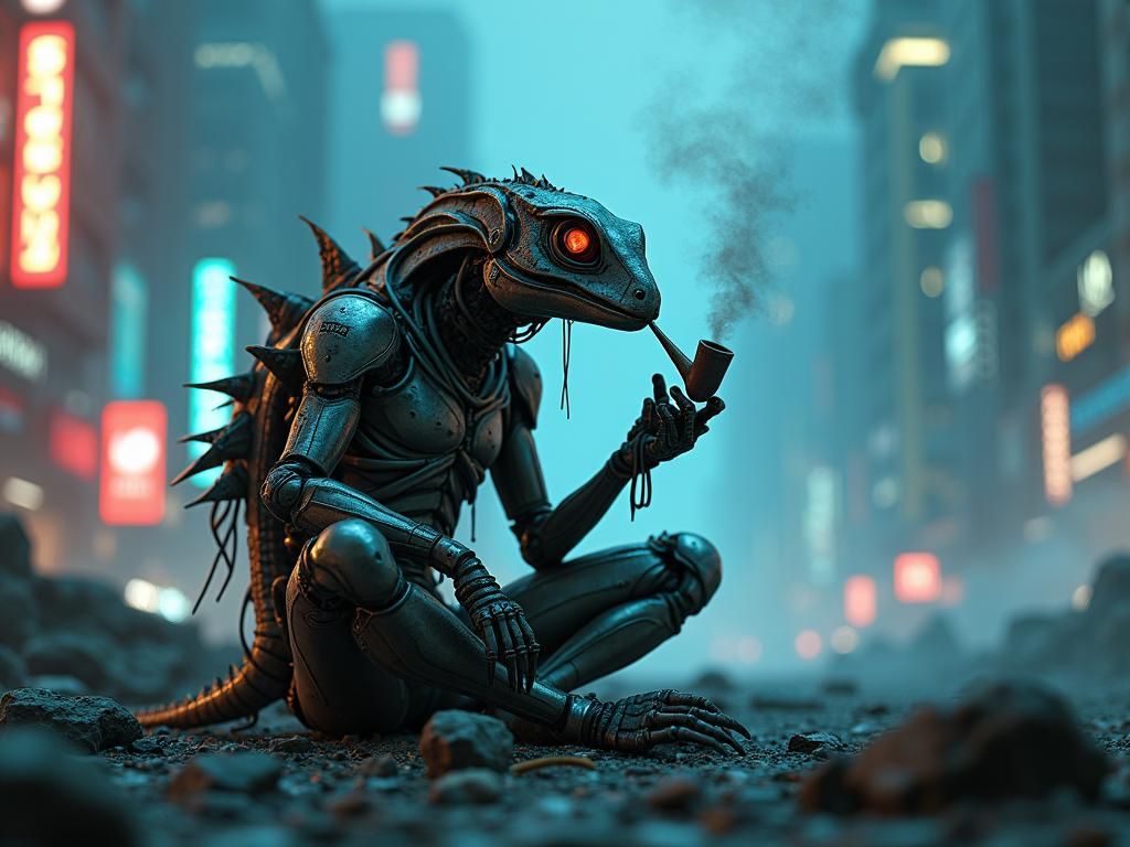 Lizard Android Smoke Break in Cyberpunk Style
