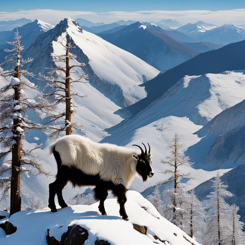 A mountain goat, clinging to a tiny ledge on a high mountain...