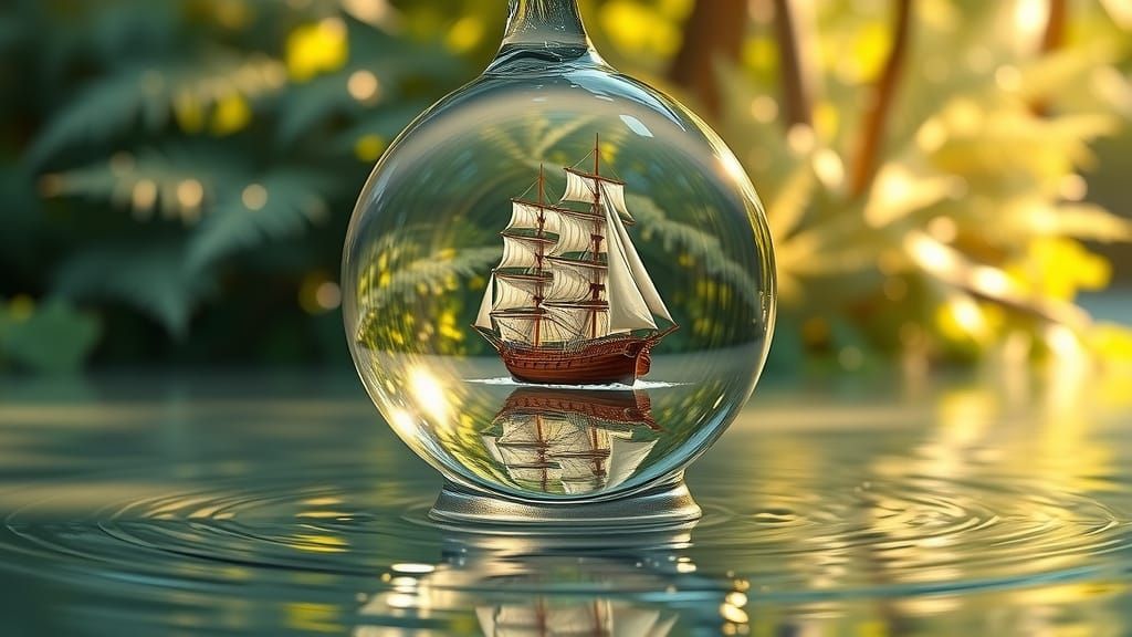 Surreal Scene with Water Droplet and 18th-Century Sailing Bo...