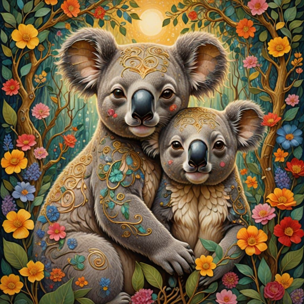Whimsical Koala Couples in Vibrant Chinese Brush Style