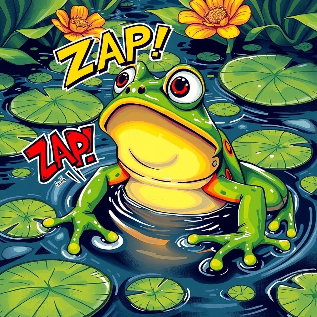Shocked Frog in Pond, Painterly Illustration