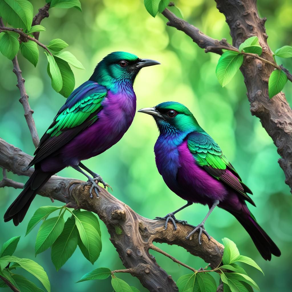 Plum Starlings in Forest: Airbrush Art