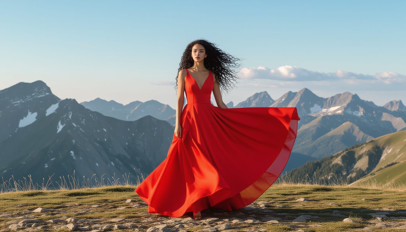 Woman in Flowing Red Dress on Mountain Top