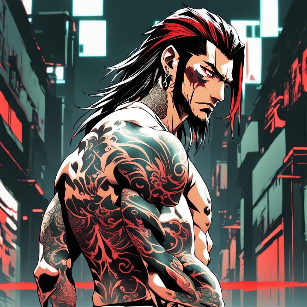 Anime Yakuza Man with Tattoos and Red Highlights