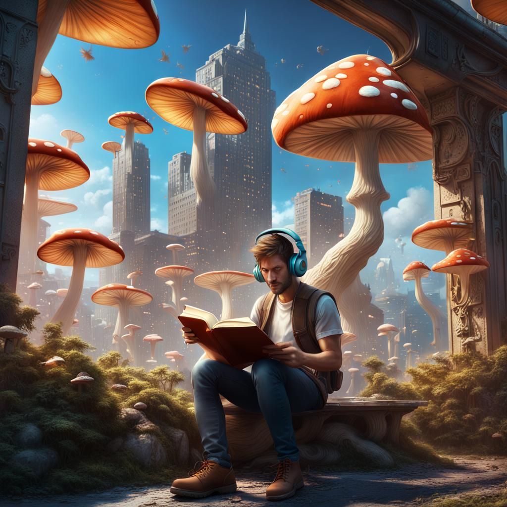 Fantastical World: Man Reads Amidst Dragons and Magic