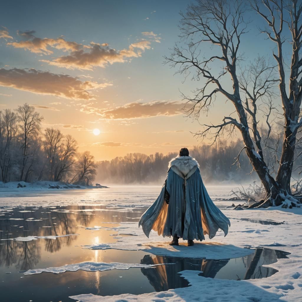 Gigantic Cloaked Figure over Frozen Lake: Fantasy Art