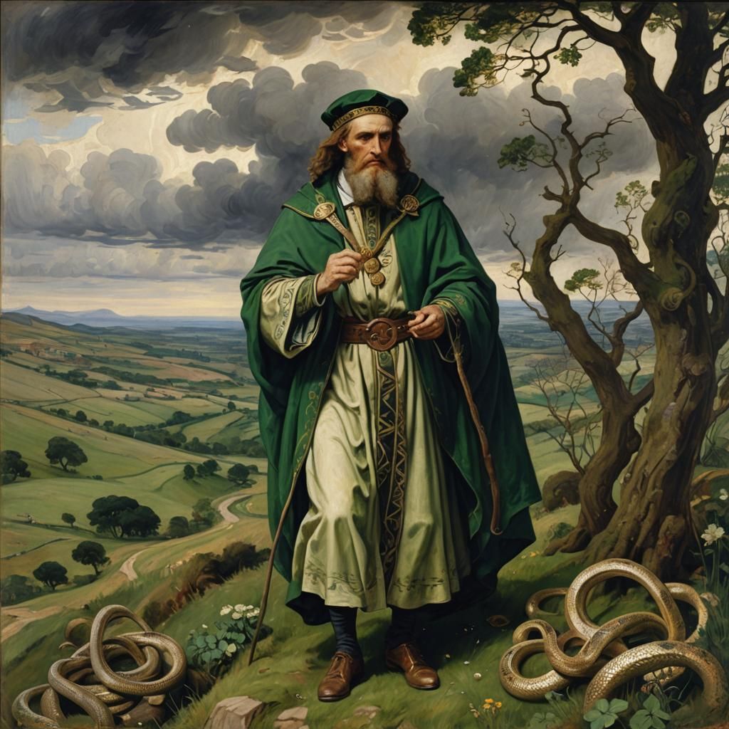 St. Patrick Banishing Snakes: Pre-Raphaelite Oil Painting