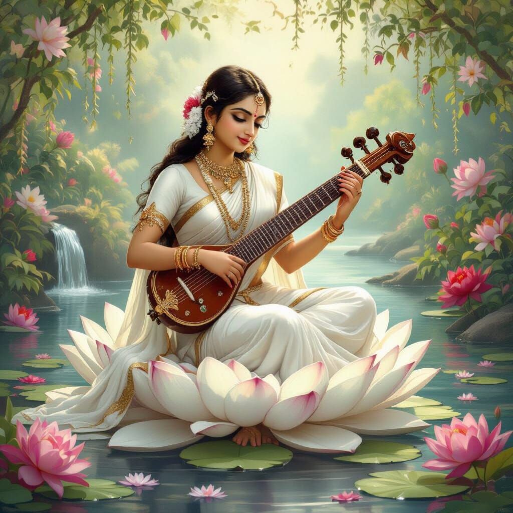 Saraswati on Lotus, Dreamy Digital Painting