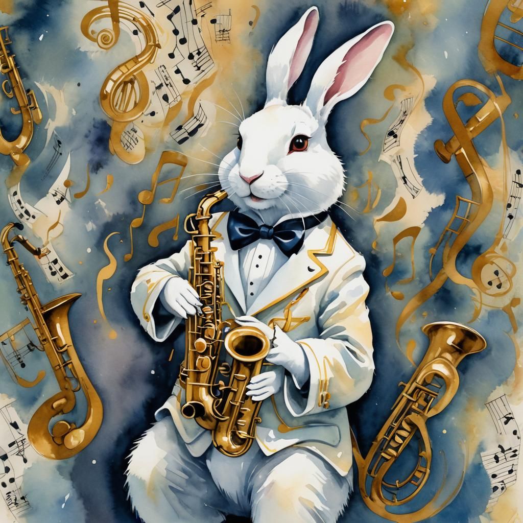 Surreal Jazz Rabbit in Watercolor Style