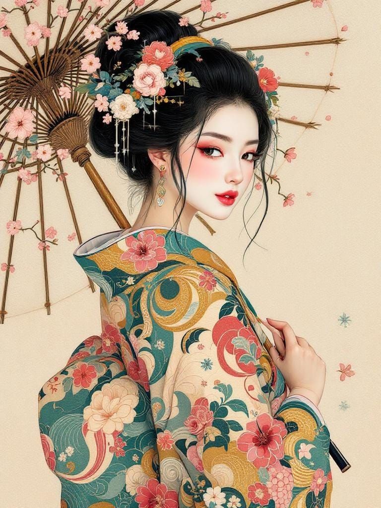 Woman in Kimono with Wagasa Umbrella Illustration