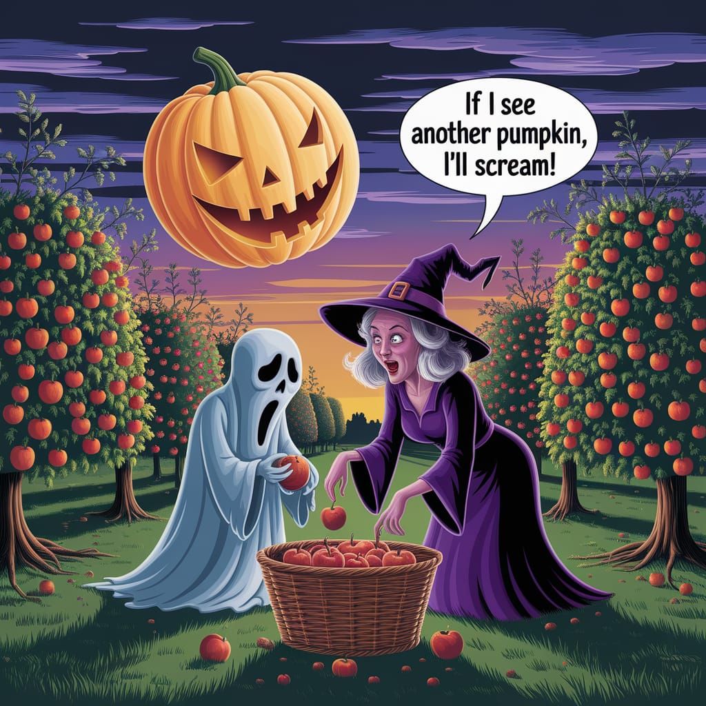 Ghost and Witch Harvest Apples Under Giant Pumpkin Moon