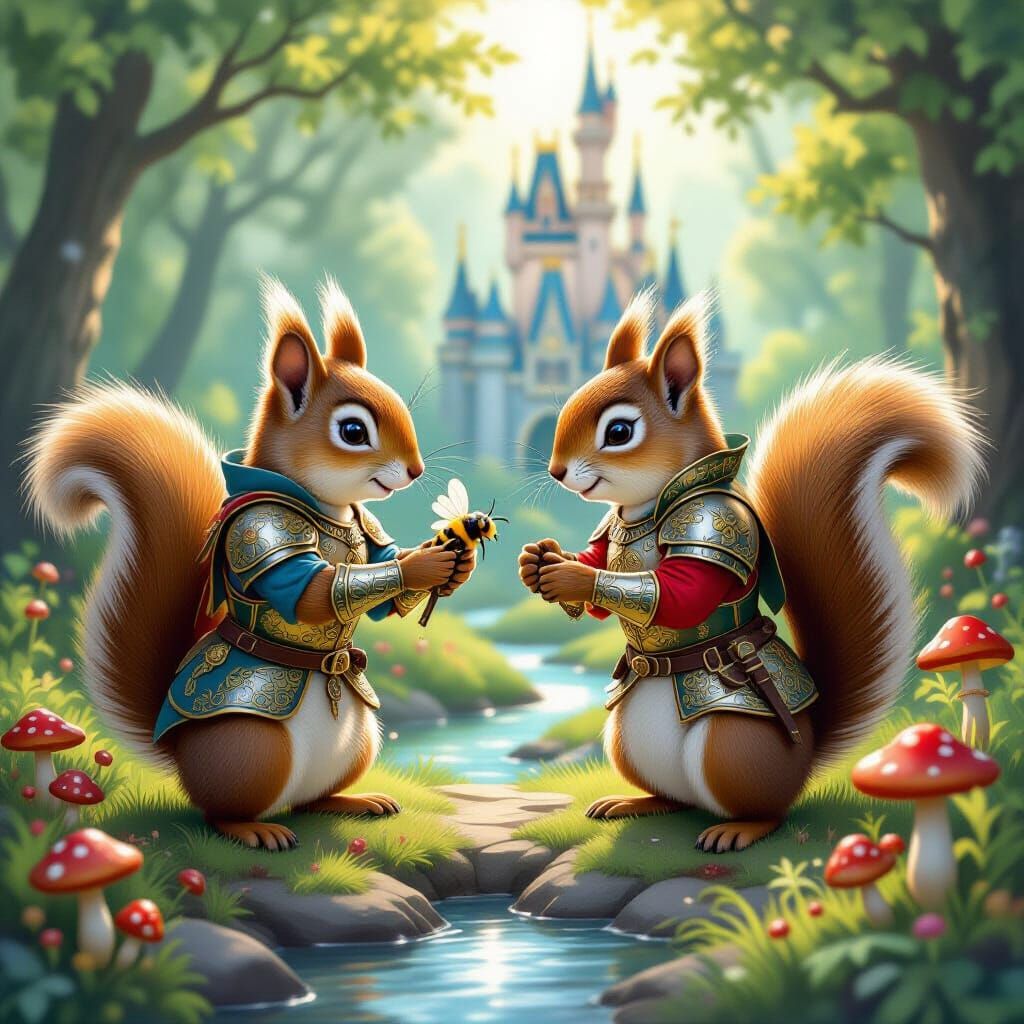 Squirrels in Armor Fencing in Enchanted Forest