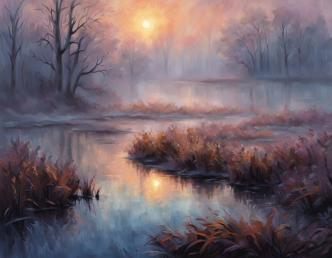 Misty Pond Sunrise in Vibrant Oil Painting Style