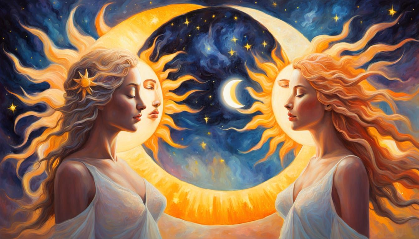Cosmic Sun and Moon Celestial Oil Painting