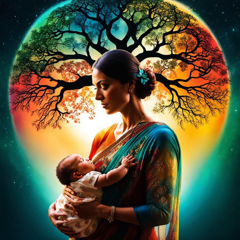 Vibrant Double Exposure: Mother, Infant, and Tree