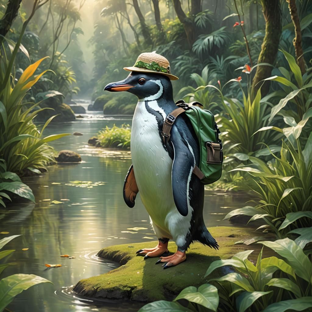 Penguin Explorer in a Lush Rainforest, Hyperrealistic Art