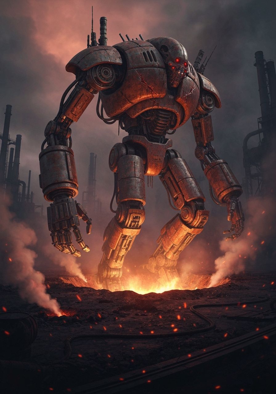 Mechanical Giant in Dystopian Industrial Landscape