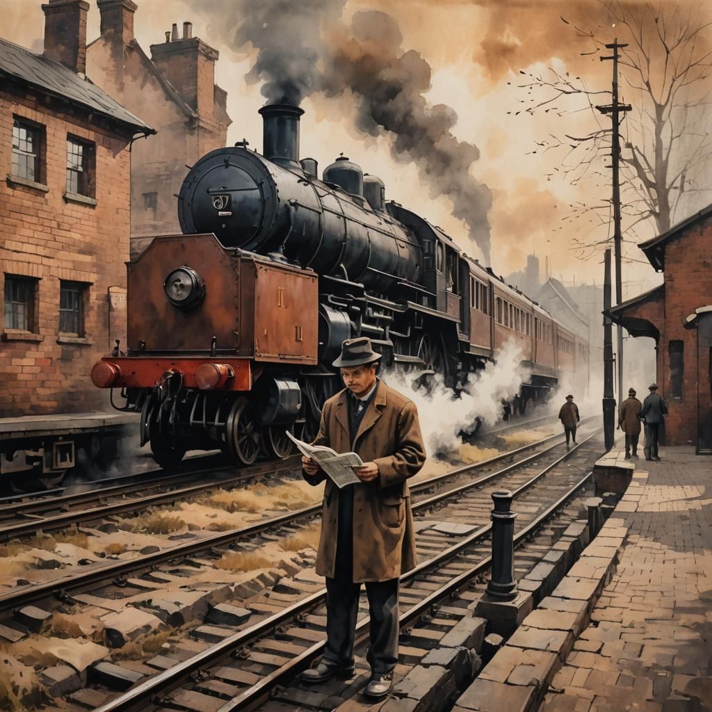 Vintage Train Scene in Ink Wash Painting Style