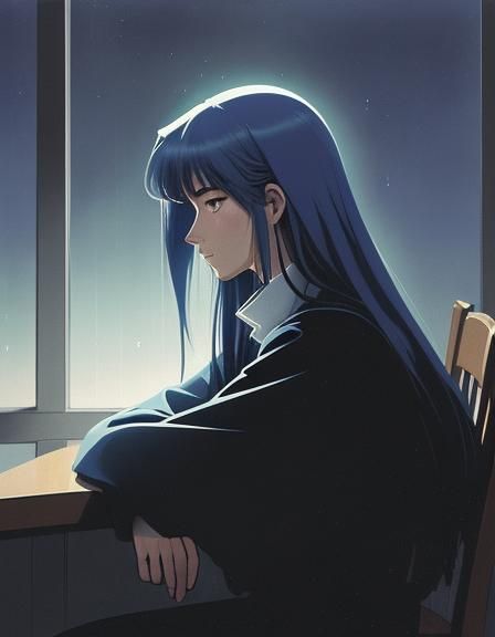 Anime Woman at Crescent Window in the Rain