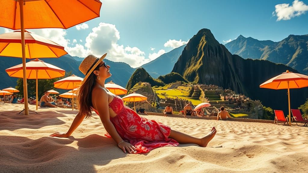 Woman on Golden Beach with Machu Picchu Ruins