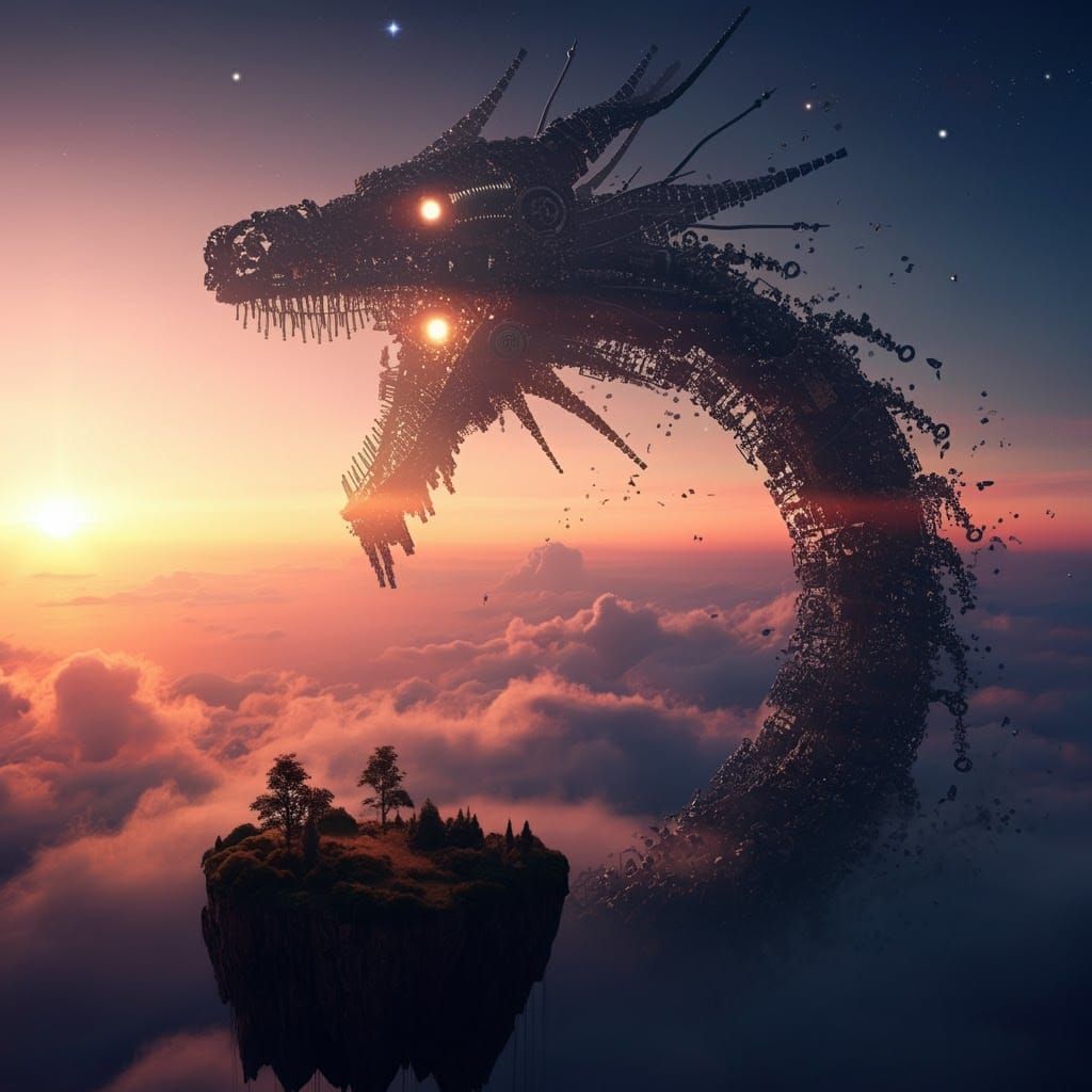 Mechanical Dragon Soaring by Floating Island at Sunset