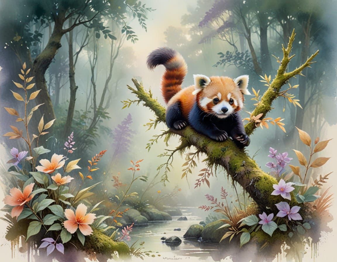 Baby Red Panda in Watercolor Storybook Style