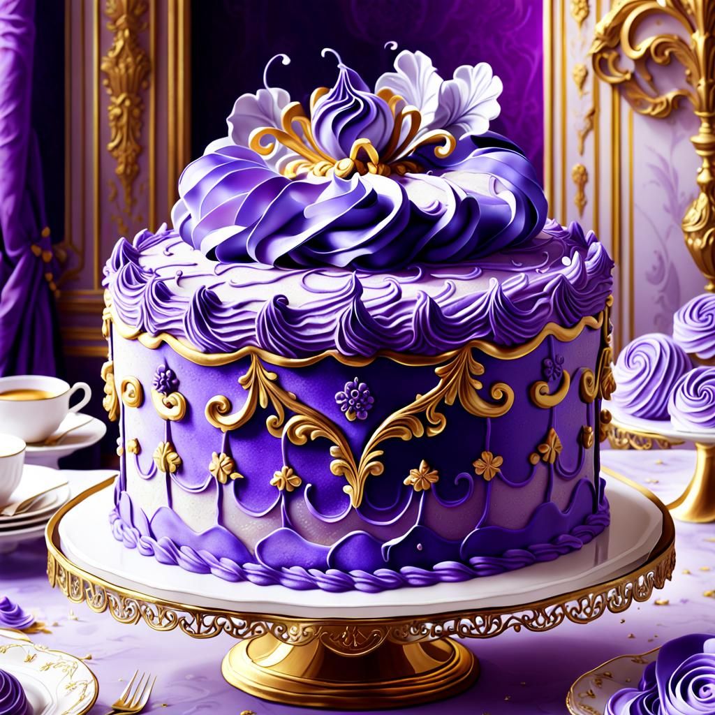 Massive Violet Cake in Ornate Room, 3D Anime Art