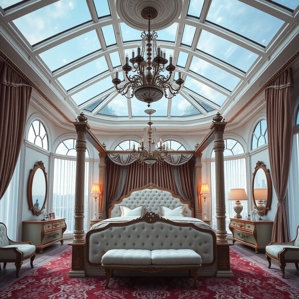 Luxurious Retro-Futuristic Bedroom with Ethereal Lighting