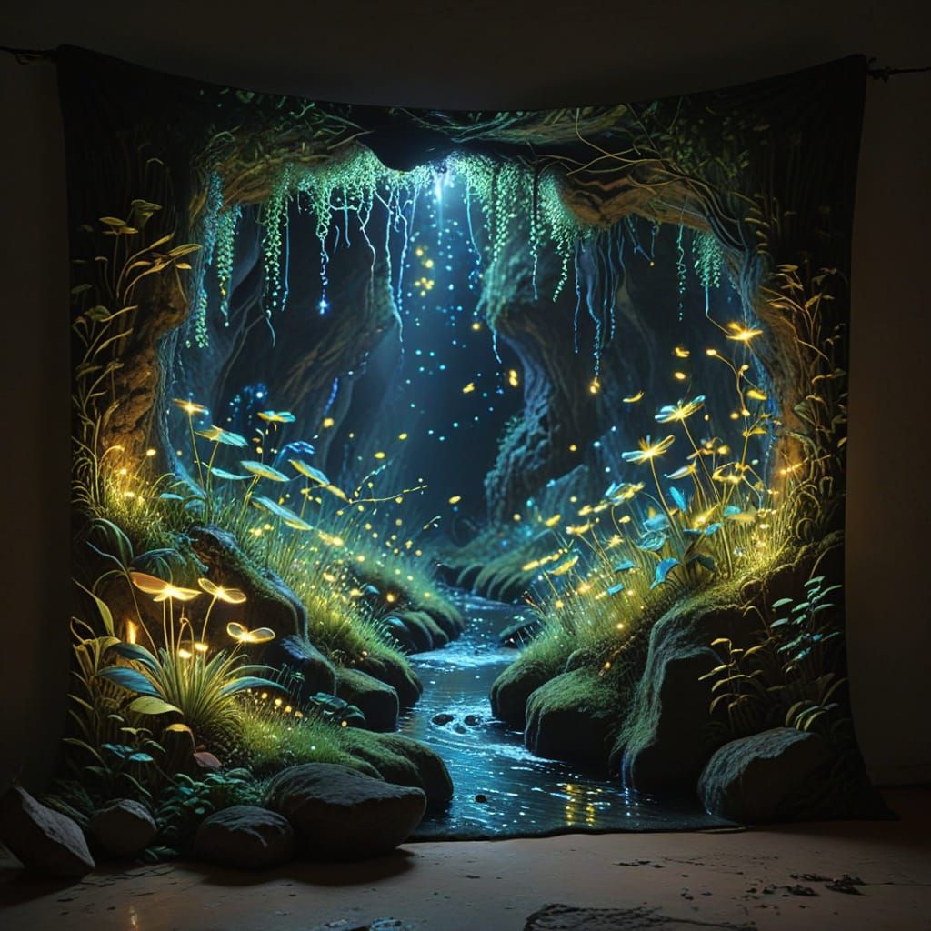 Luminous Fantasy Tapestry with Fireflies and Moss