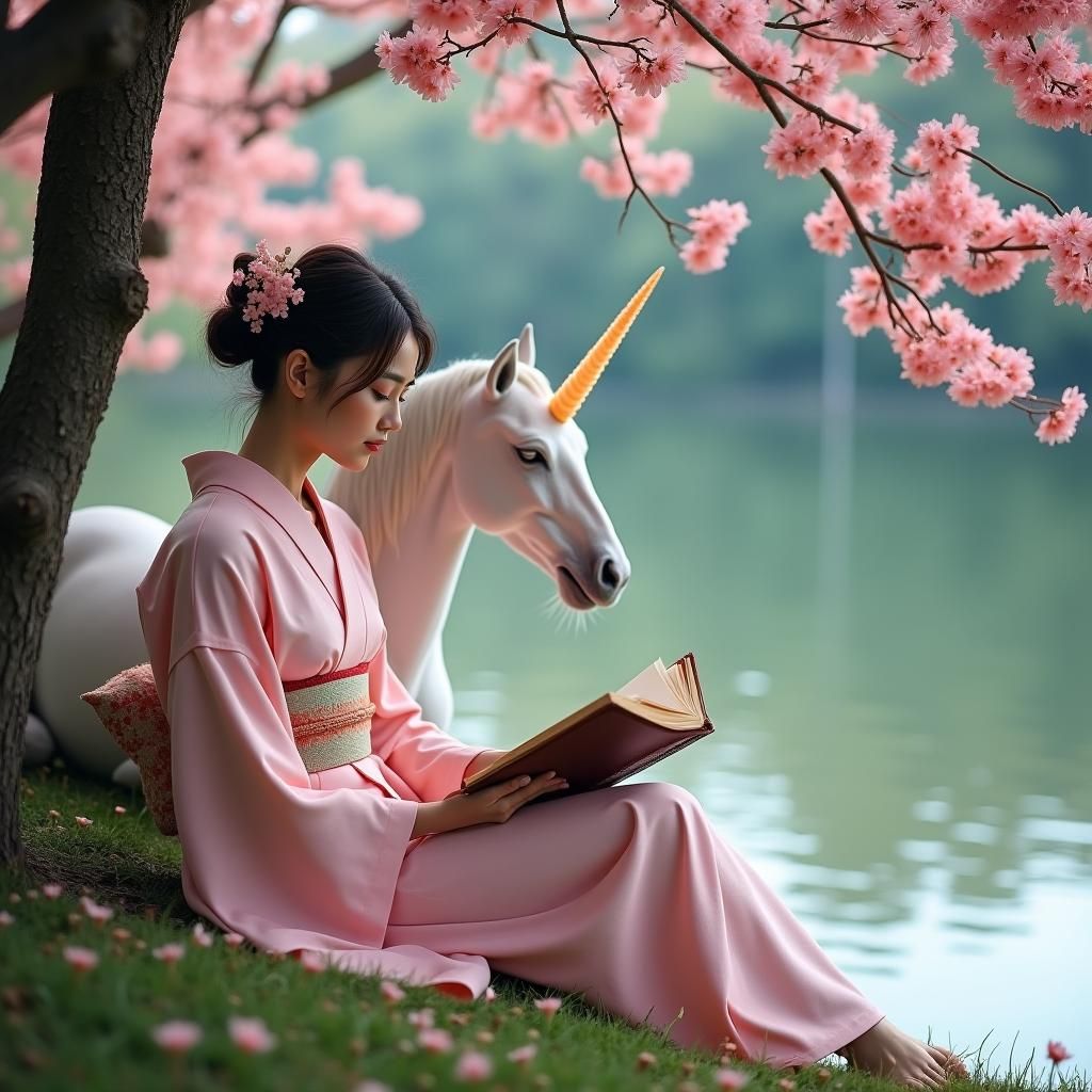 Sakura Serenity: Woman, Unicorn, and Book