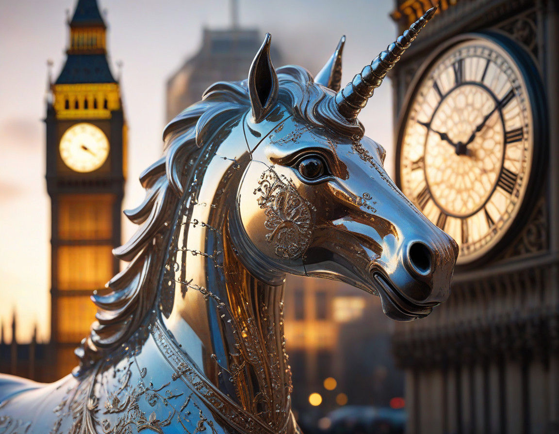 Surreal Glass Unicorn in Front of Glowing Big Ben