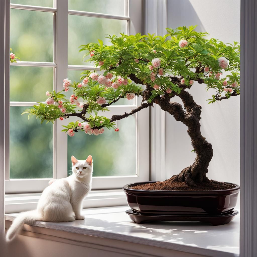 Bonsai Cherry Tree with White Cat