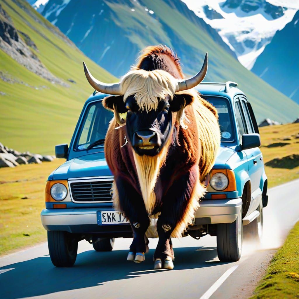 Mammoth Yak Charges at Speeding Vehicle
