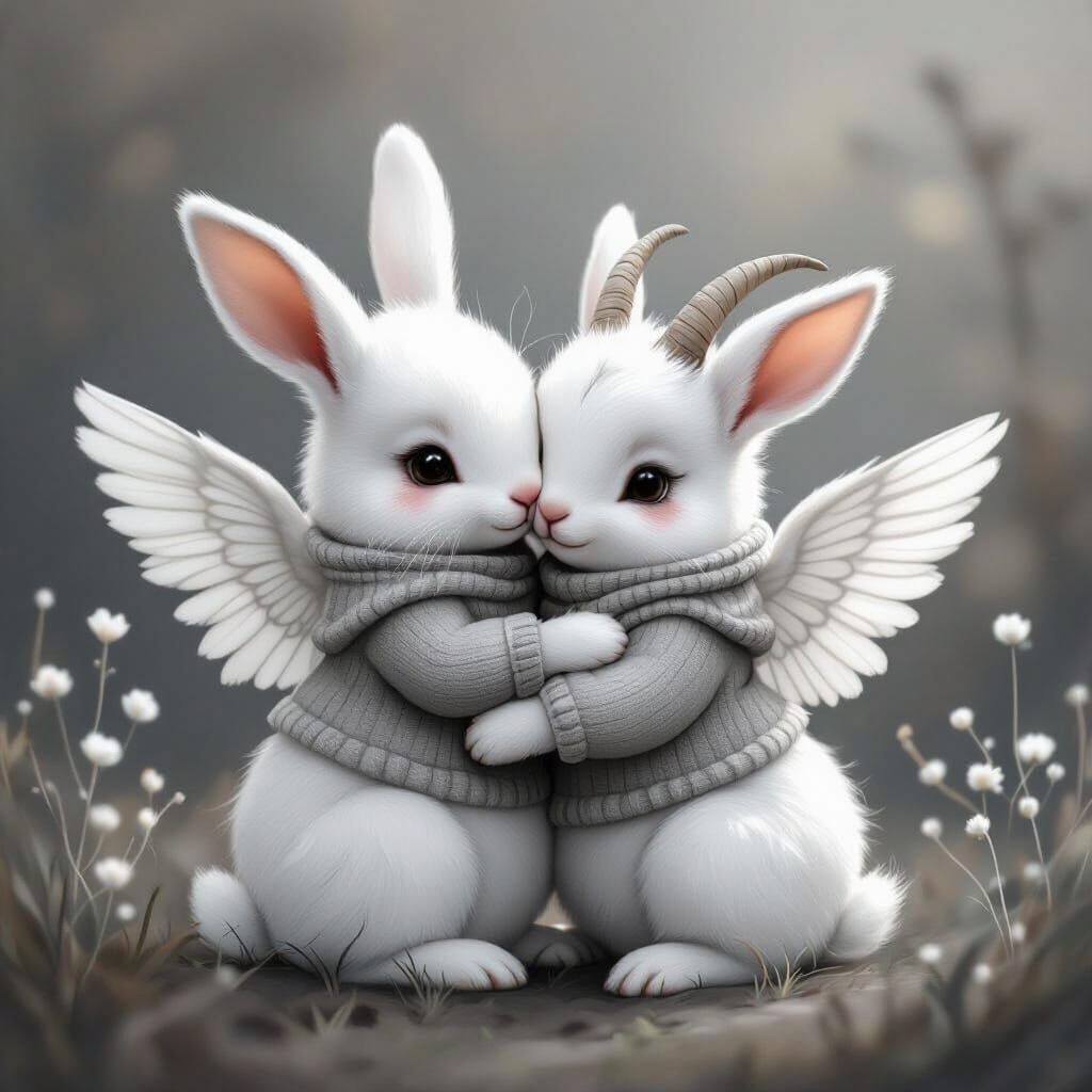 Whimsical Rabbit and Goat Babies Embrace in Monochrome