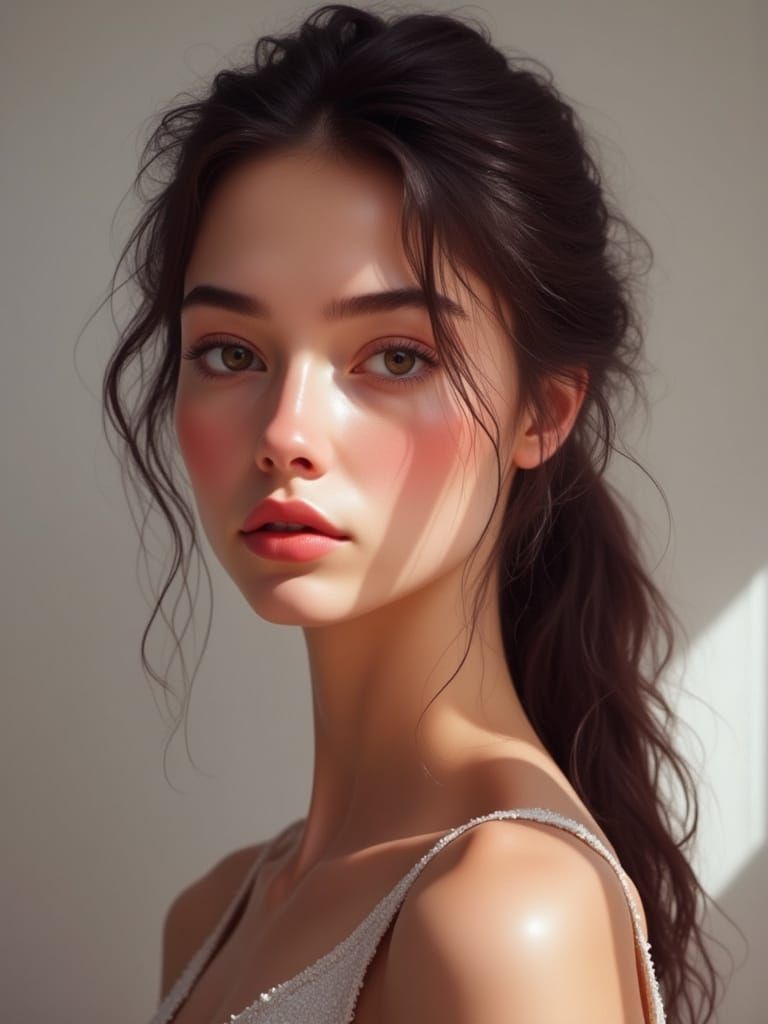 Detailed Portrait of a Young Woman in Soft Studio Light