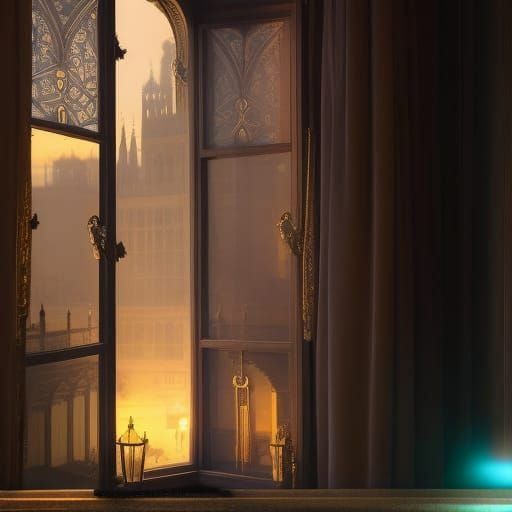 Foggy Window Over Old London in Art Nouveau Style