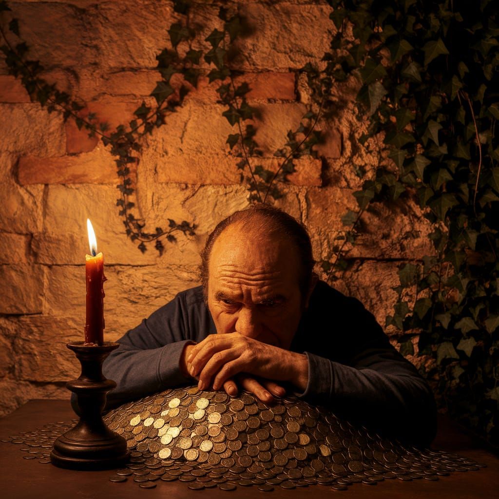 Miserly Figure Guards Coins in Candlelight